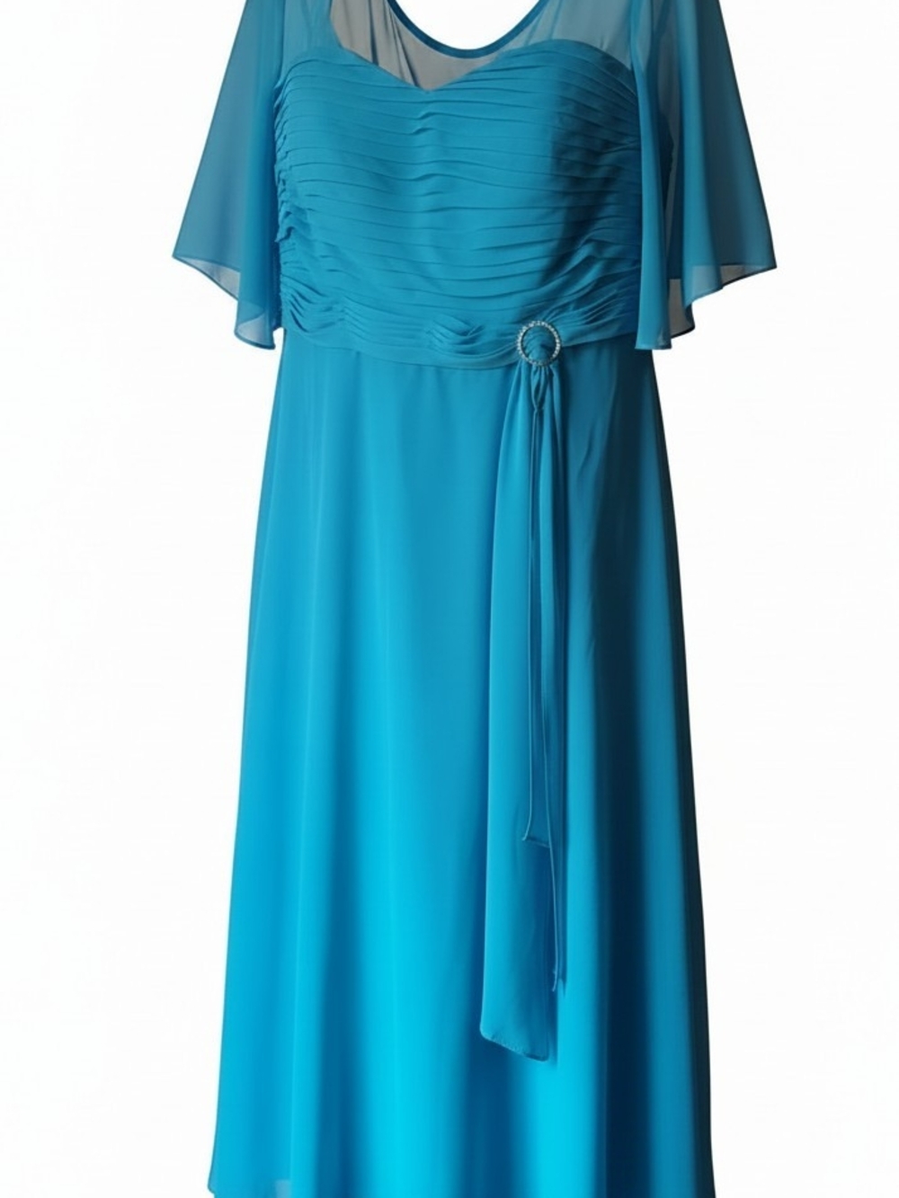 Azazie Used Turquoise Chiffon Maxi Dress with Sash Detail Size A20
